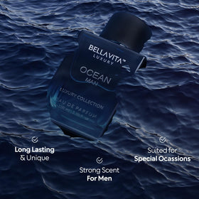 Bella Vita Luxury OCEAN Eau de Parfum 100 ml on a bathroom counter