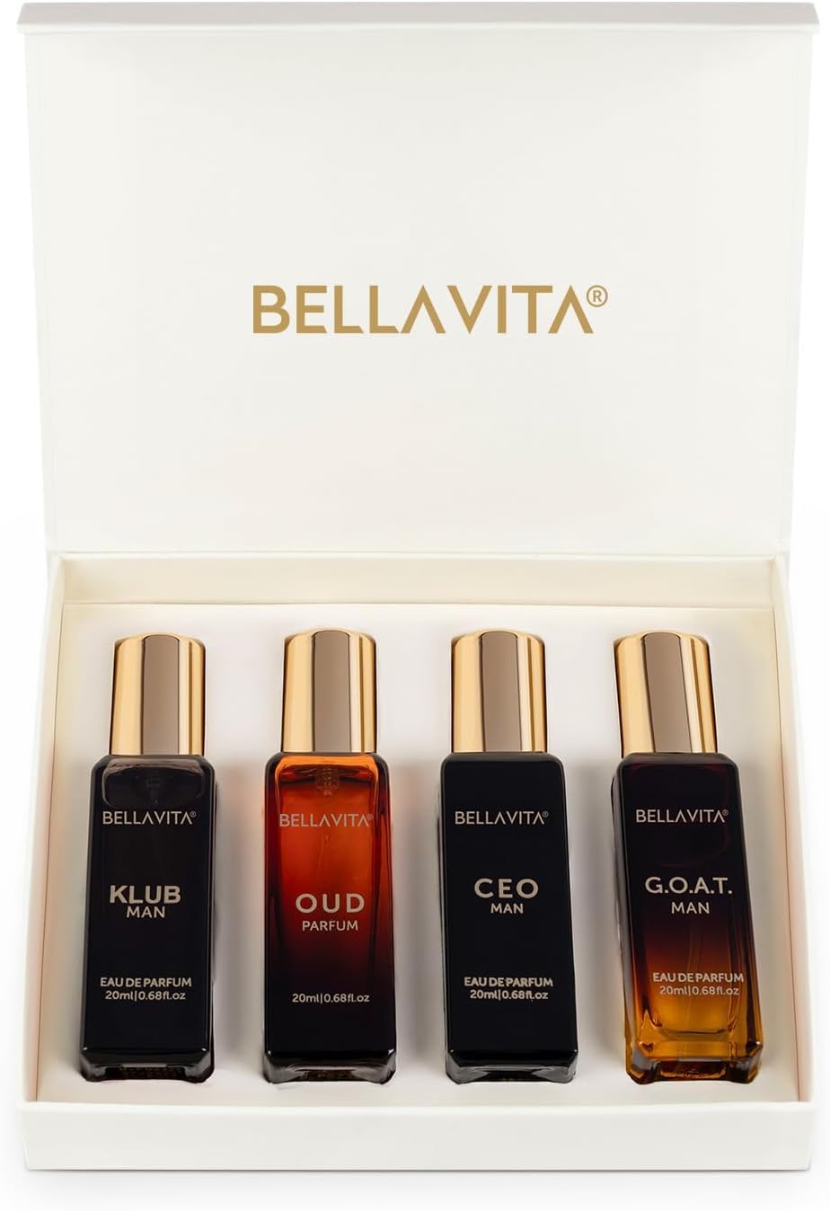 Bella Vita Luxury Perfume Gift Set 4x20 ML featuring Dominus, Oud, CEO Man, and Impact Man