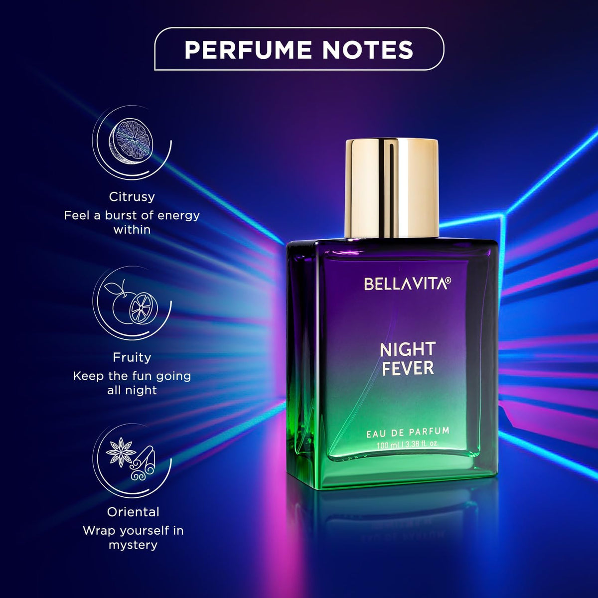 Bella Vita Organic Night Fever Eau de Parfum on a vanity