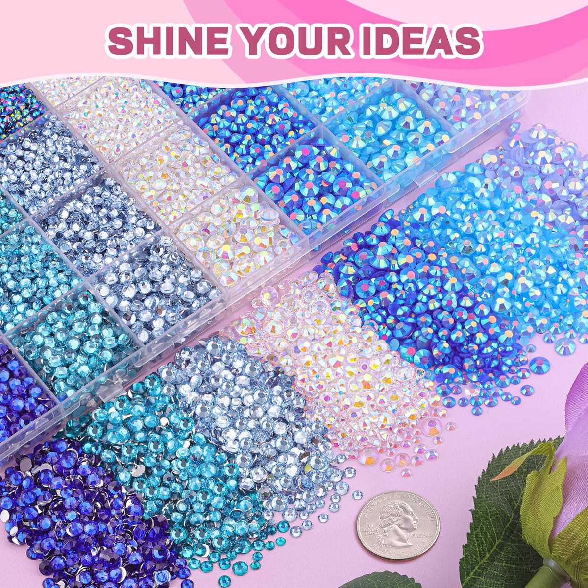 BELLEBOOST rhinestones in box showing variety of sizes