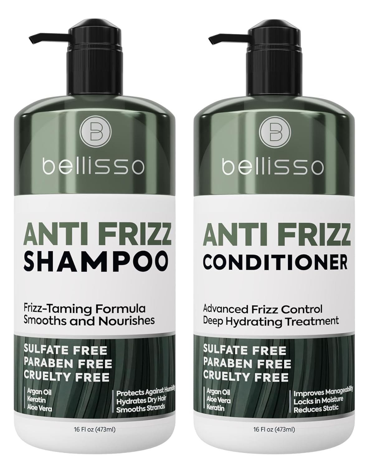 BELLISSO Anti Frizz Shampoo and Conditioner Set front view, 16 fl oz bottles
