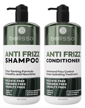 BELLISSO Anti Frizz Shampoo and Conditioner Set front view, 16 fl oz bottles