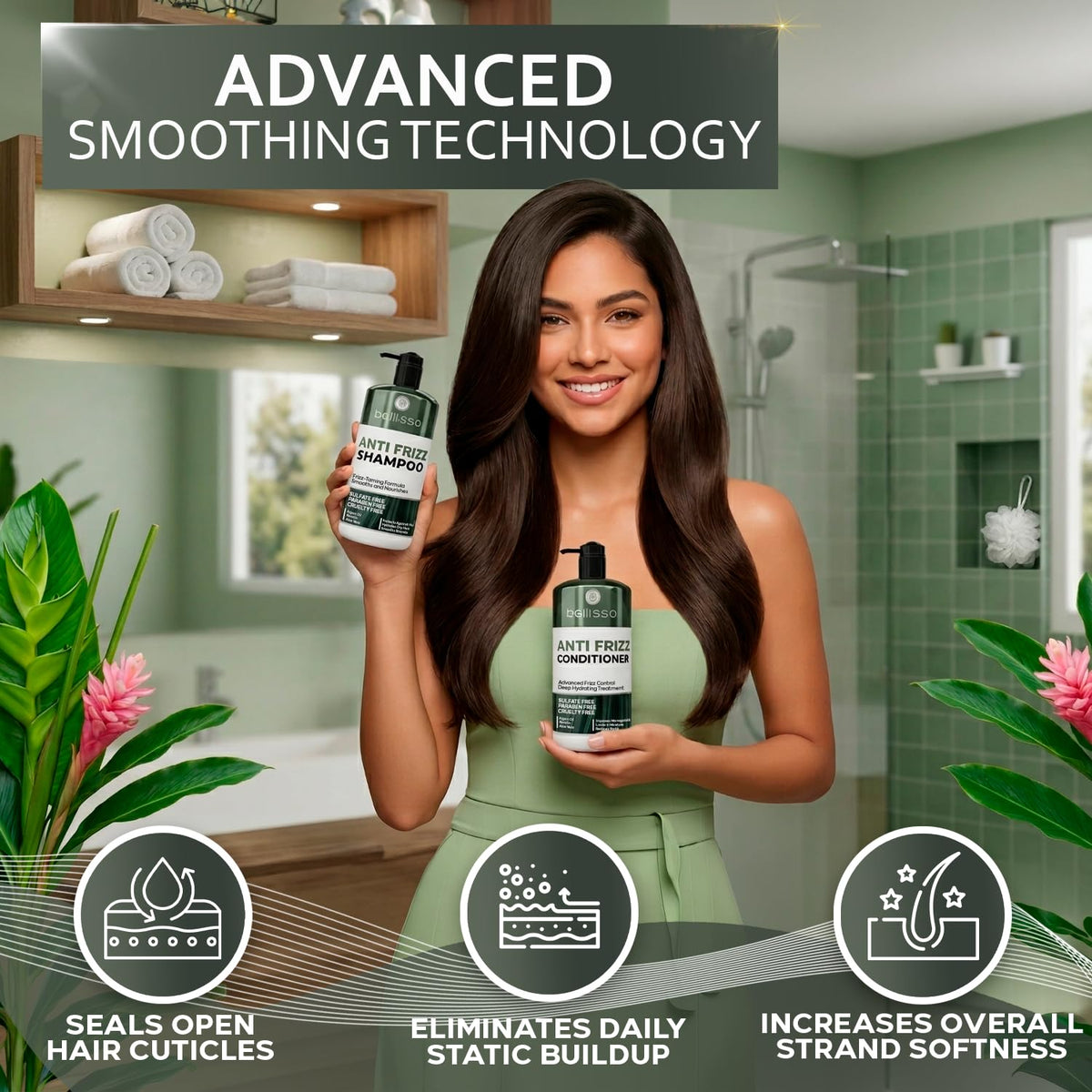 BELLISSO Anti Frizz Shampoo and Conditioner Set in a bathroom setting