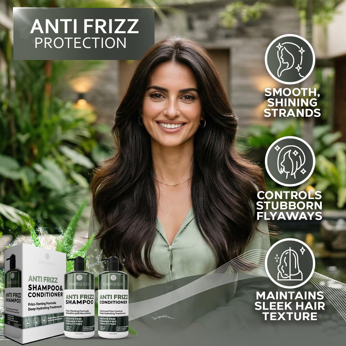 BELLISSO Anti Frizz Shampoo bottle, close-up of label