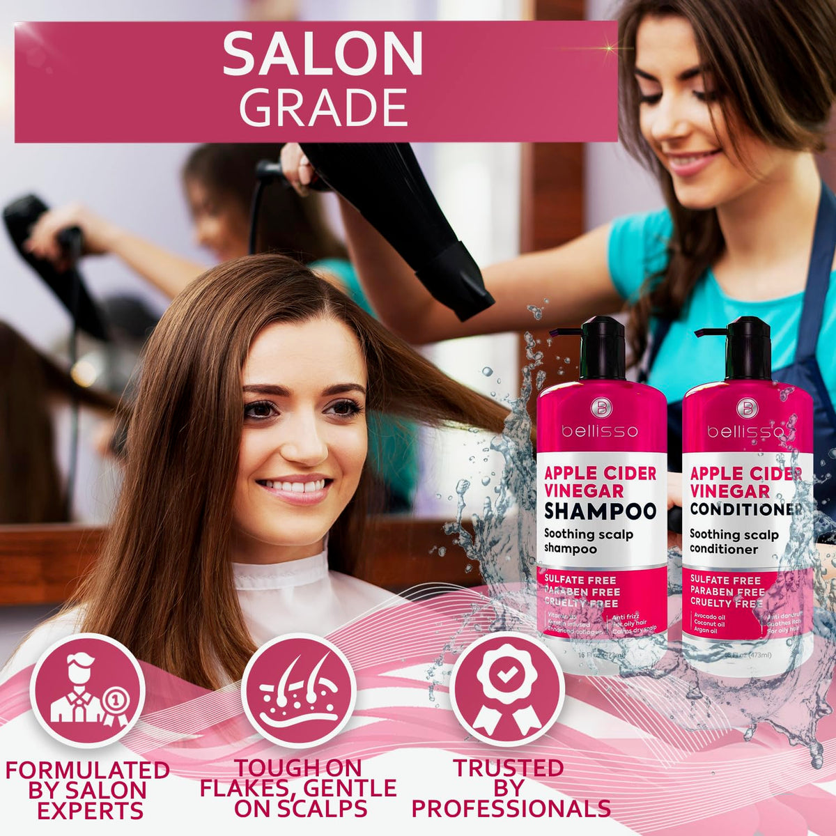 BELLISSO Apple Cider Vinegar Shampoo and Conditioner Set on a bathroom counter