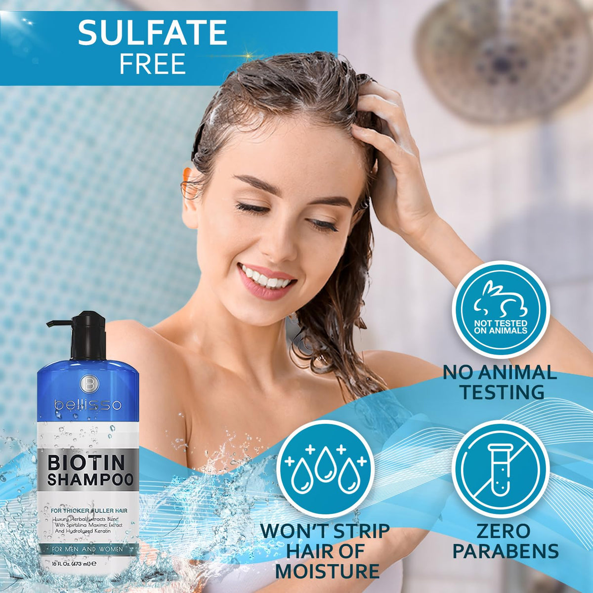 BELLISSO Biotin Shampoo 590g in bathroom setting