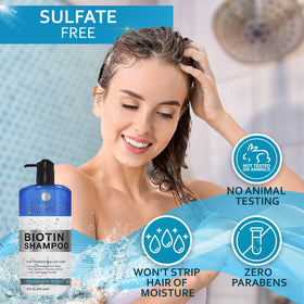 BELLISSO Biotin Shampoo 590g in bathroom setting