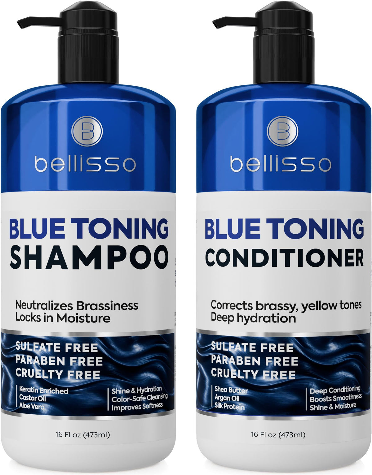 BELLISSO Blue Shampoo and Conditioner Set front view