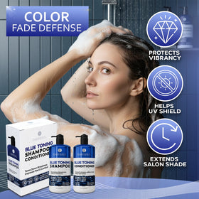 BELLISSO Blue Shampoo and Conditioner Set on a bathroom counter