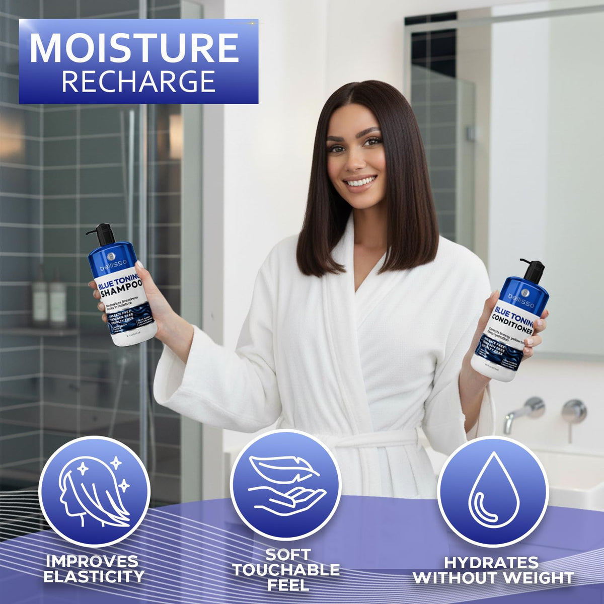 BELLISSO Blue Shampoo and Conditioner Set with argan oil background