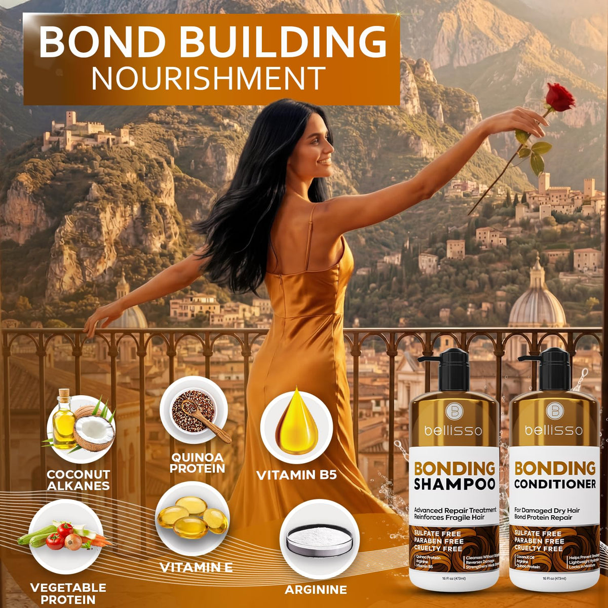 BELLISSO Bonding Shampoo and Conditioner Set on a bathroom counter
