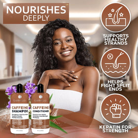BELLISSO Caffeine Shampoo and Conditioner Set with ingredients displayed