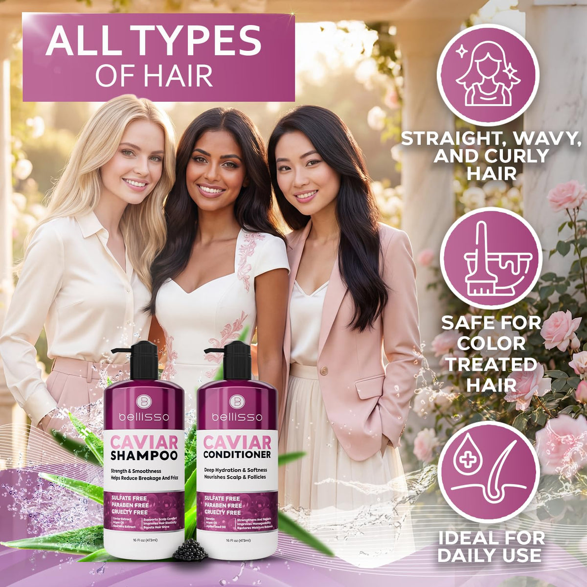 BELLISSO Caviar Shampoo and Conditioner Set lifestyle scene