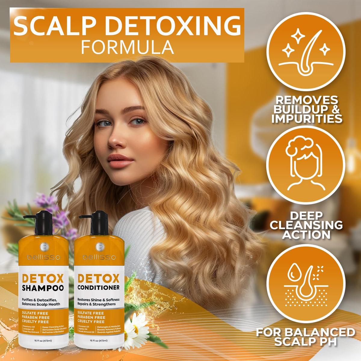 BELLISSO Detox Shampoo bottle showing bamboo charcoal ingredient