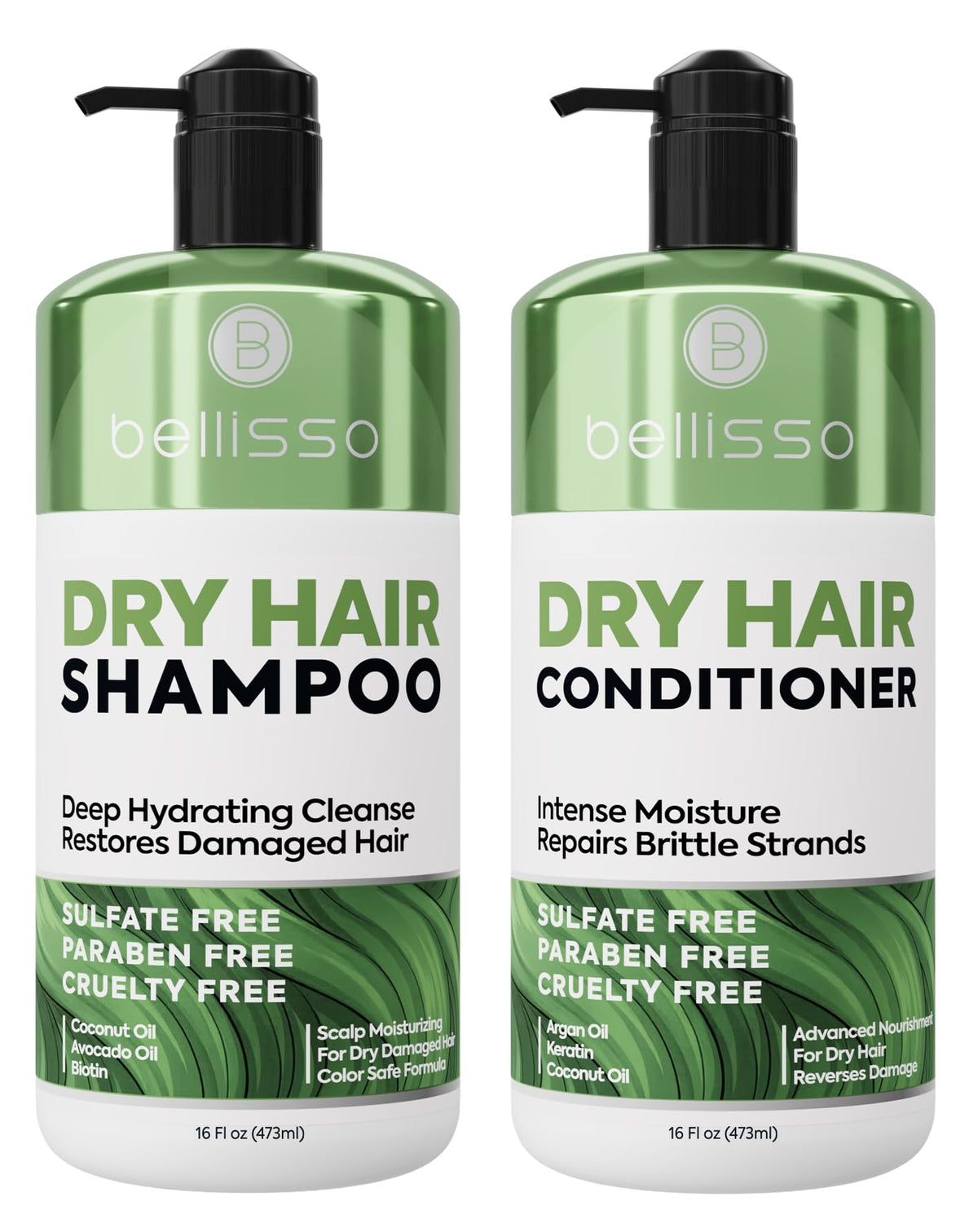 BELLISSO Dry Hair Shampoo and Conditioner Set 16 Fl Oz front view