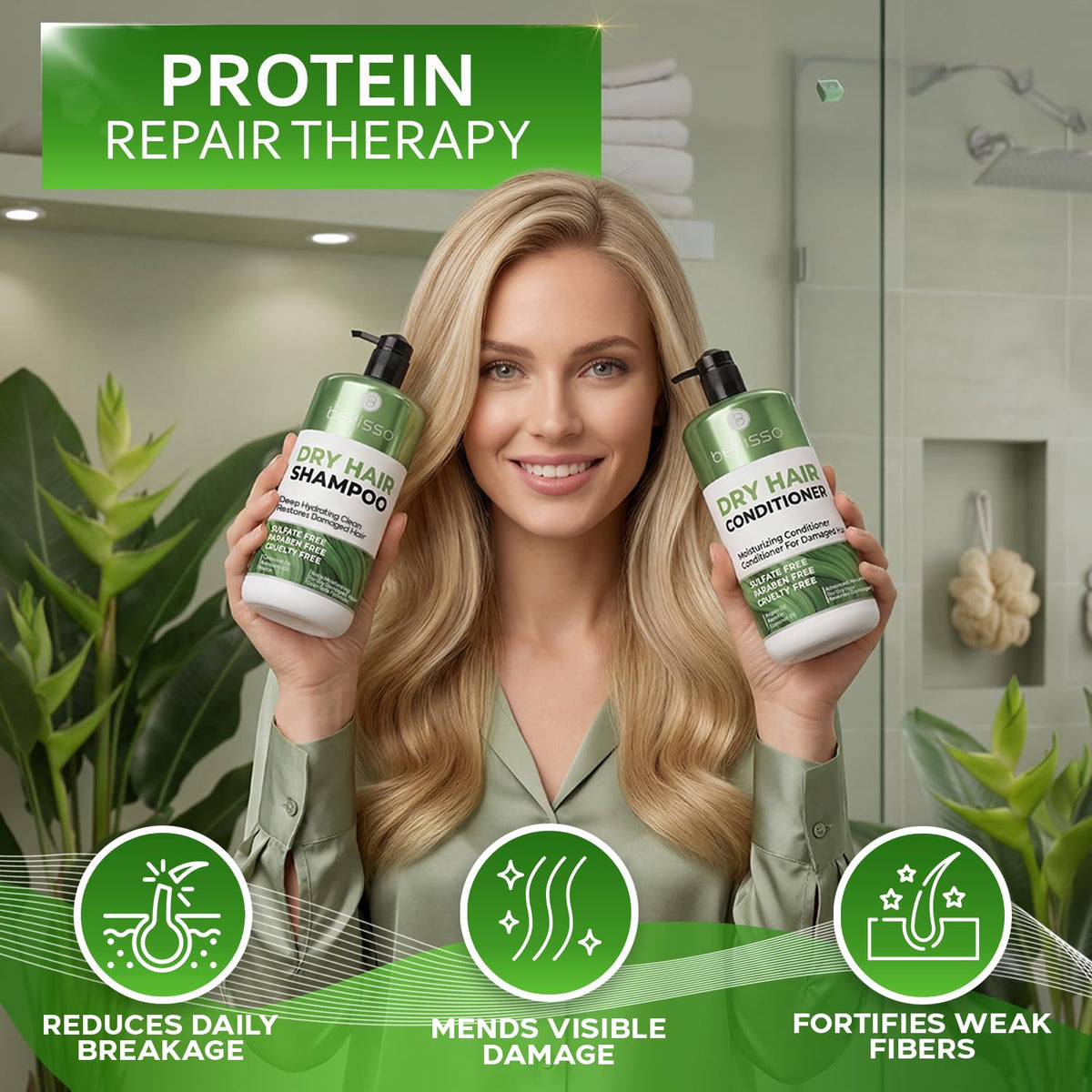 BELLISSO Dry Hair Shampoo and Conditioner Set on a bathroom shelf