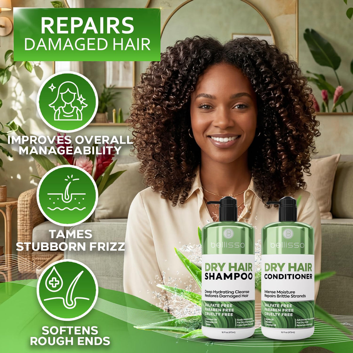 BELLISSO Dry Hair Shampoo and Conditioner Set packaging