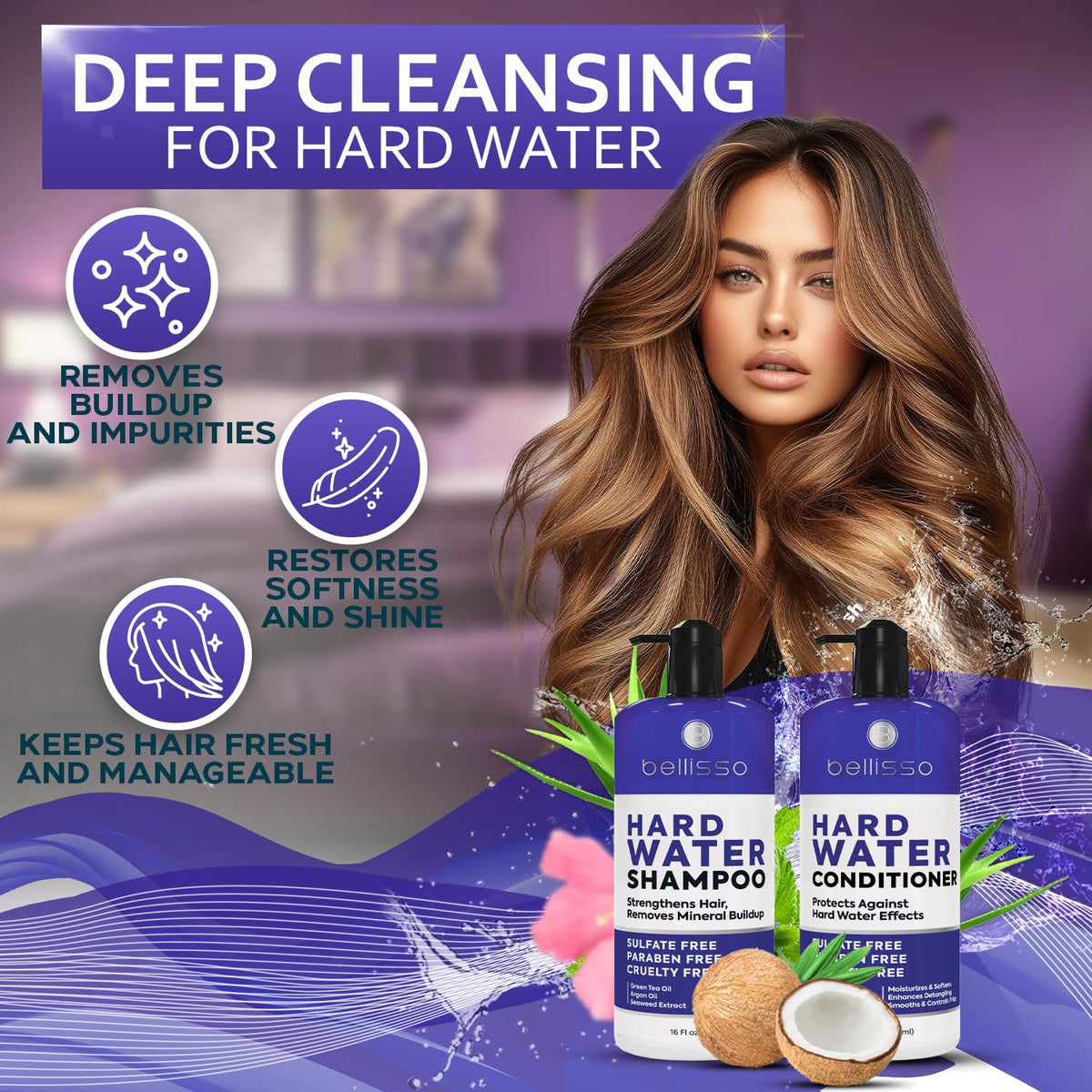 BELLISSO Hard Water Shampoo and Conditioner Set on a shelf