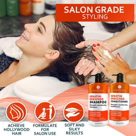 BELLISSO Keratin Shampoo and Conditioner in a bathroom setting