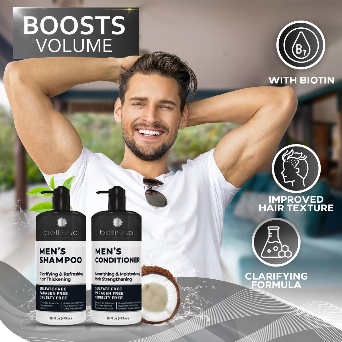 BELLISSO Men's Shampoo and Conditioner Set on a bathroom shelf