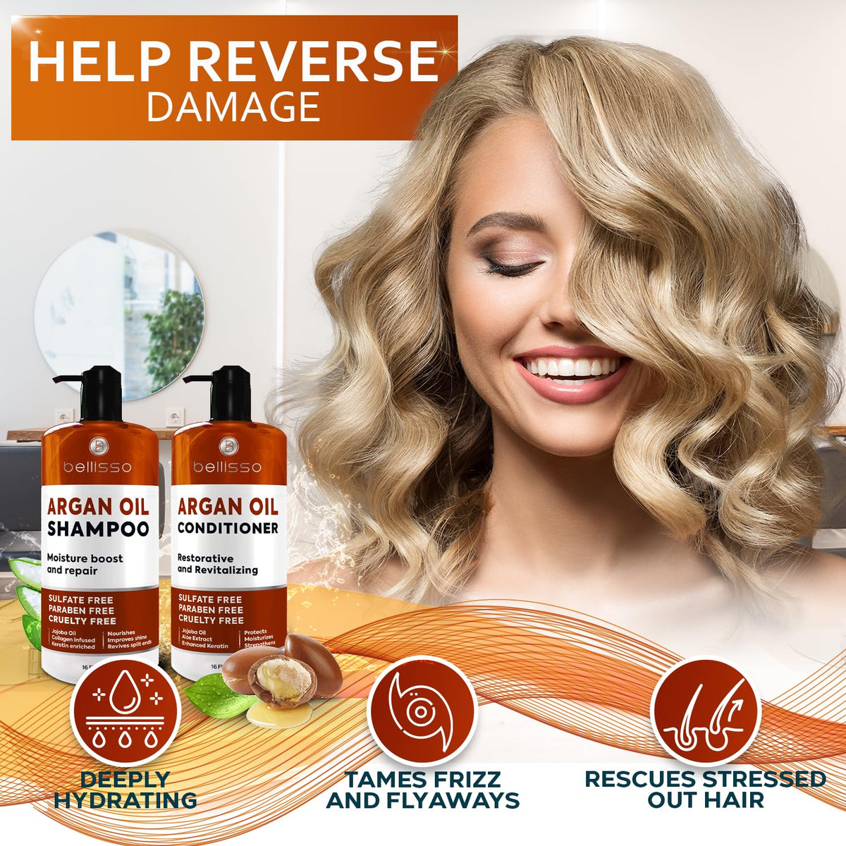 BELLISSO Moroccan Argan Oil Shampoo and Conditioner in a bathroom setting