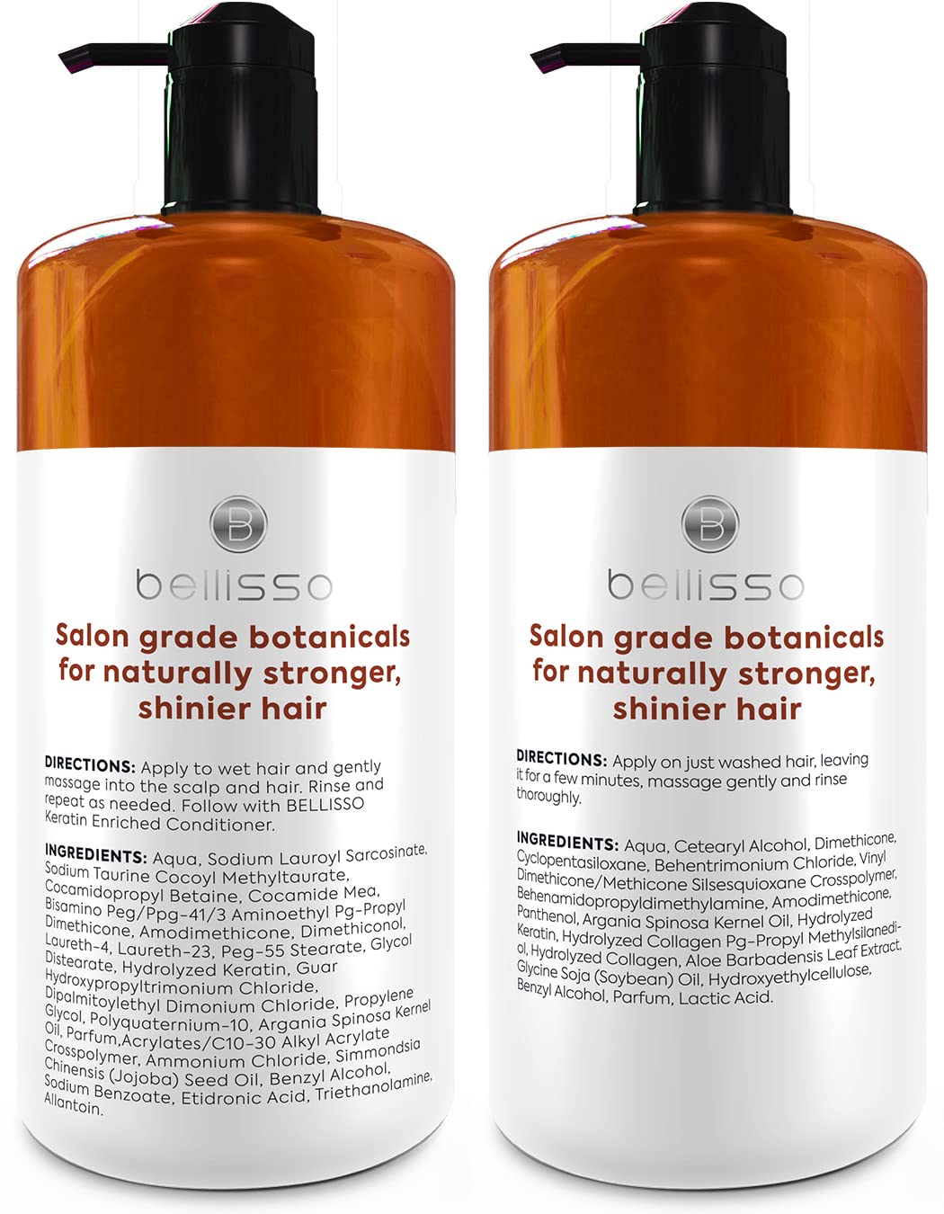BELLISSO Moroccan Argan Oil Shampoo and Conditioner on a wooden shelf