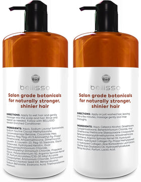 BELLISSO Moroccan Argan Oil Shampoo and Conditioner on a wooden shelf