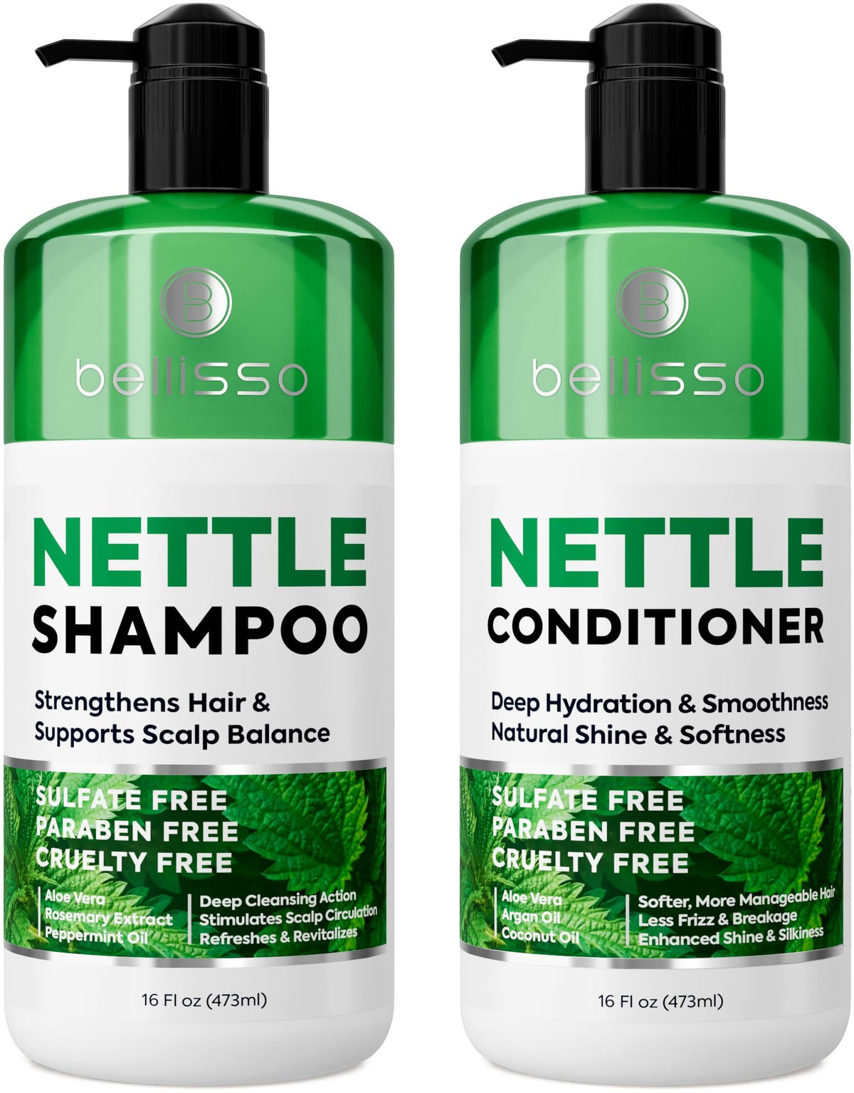 BELLISSO Nettle Shampoo and Conditioner Set 16 Fl Oz front view