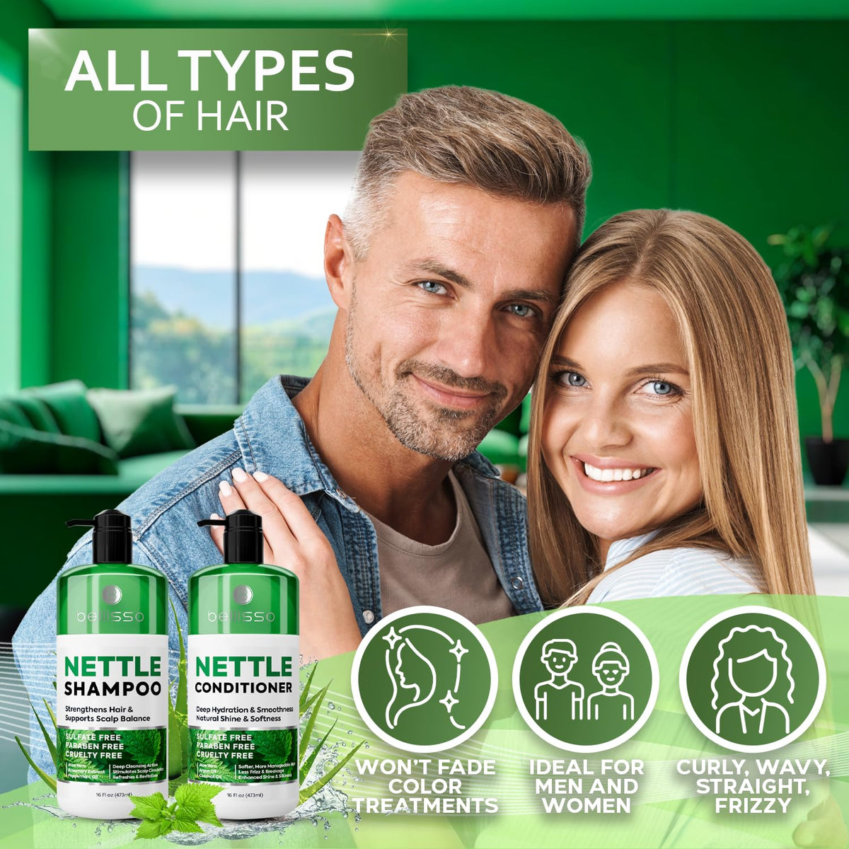 BELLISSO Nettle Shampoo and Conditioner Set displayed on a bathroom shelf