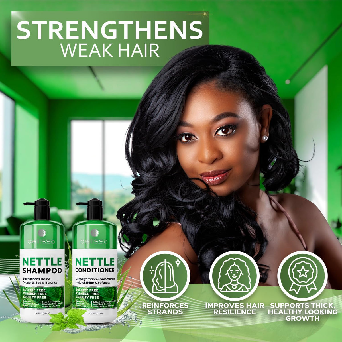 BELLISSO Nettle Shampoo and Conditioner Set with natural ingredients