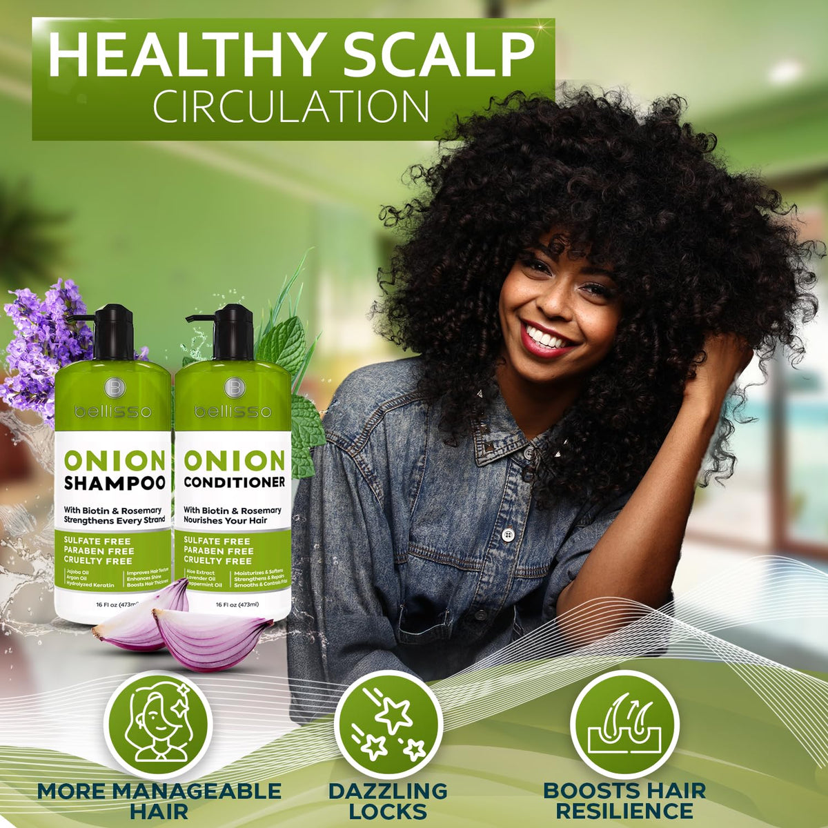 BELLISSO Onion Shampoo and Conditioner Set on a shelf