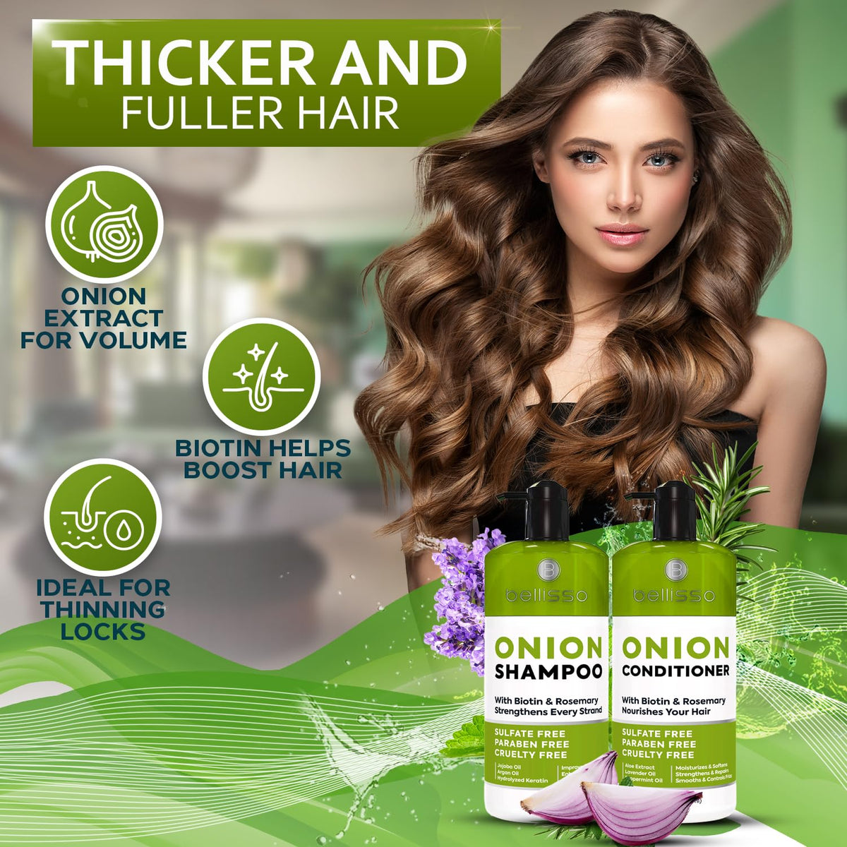 BELLISSO Onion Shampoo bottle with rosemary and biotin