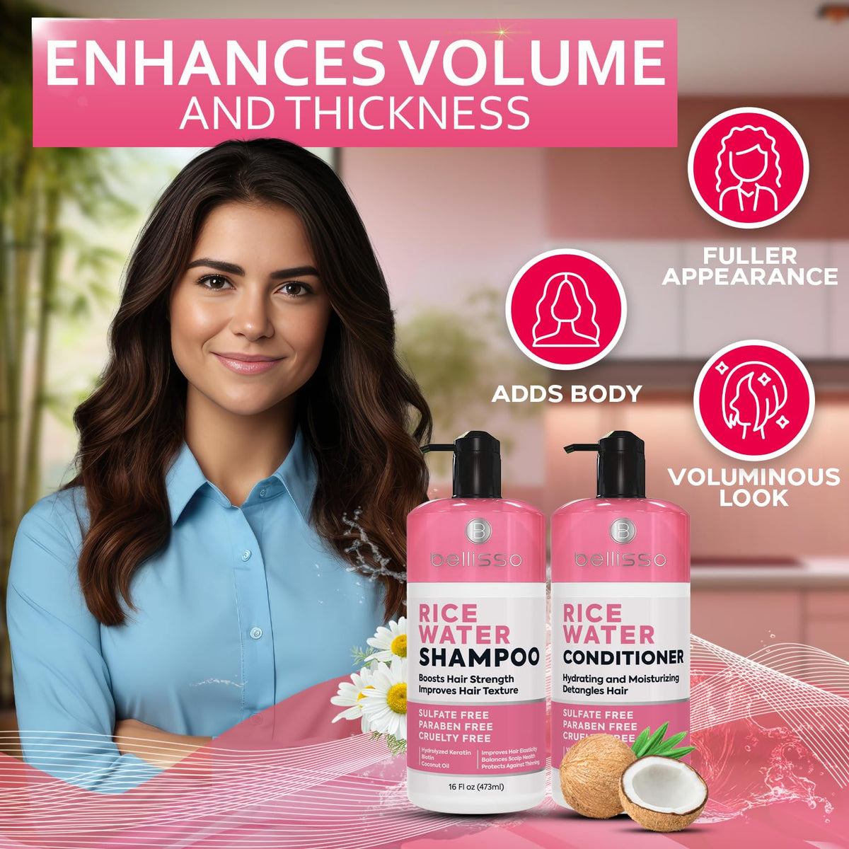 BELLISSO Rice Water Shampoo and Conditioner Set on a bathroom shelf