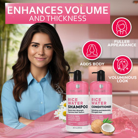 BELLISSO Rice Water Shampoo and Conditioner Set on a bathroom shelf
