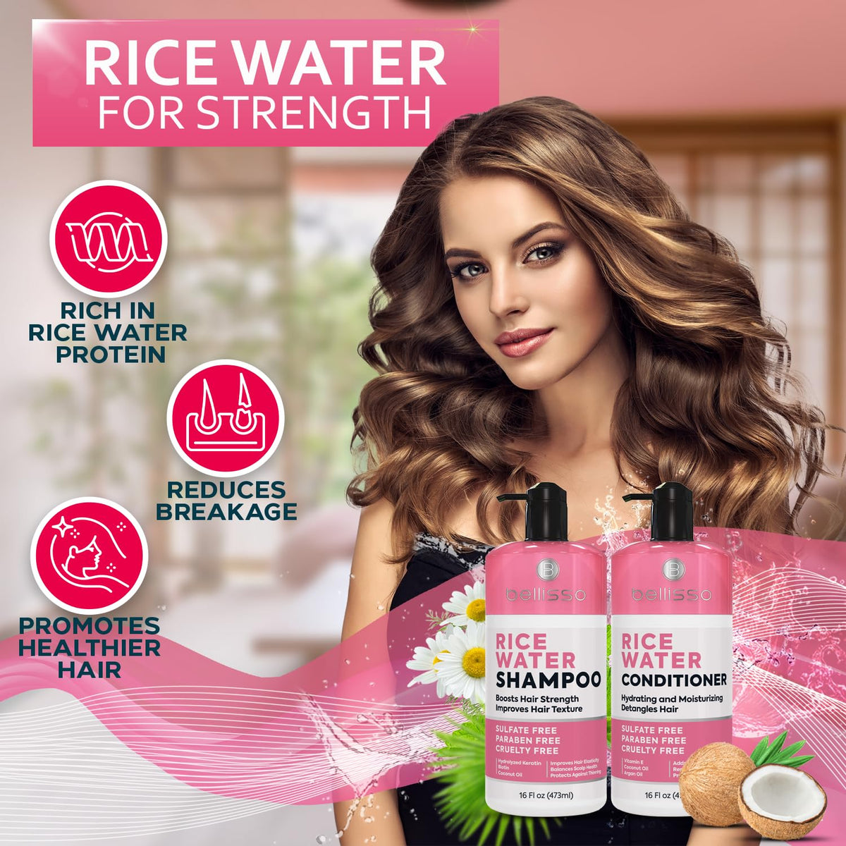 BELLISSO Rice Water Shampoo bottle side view