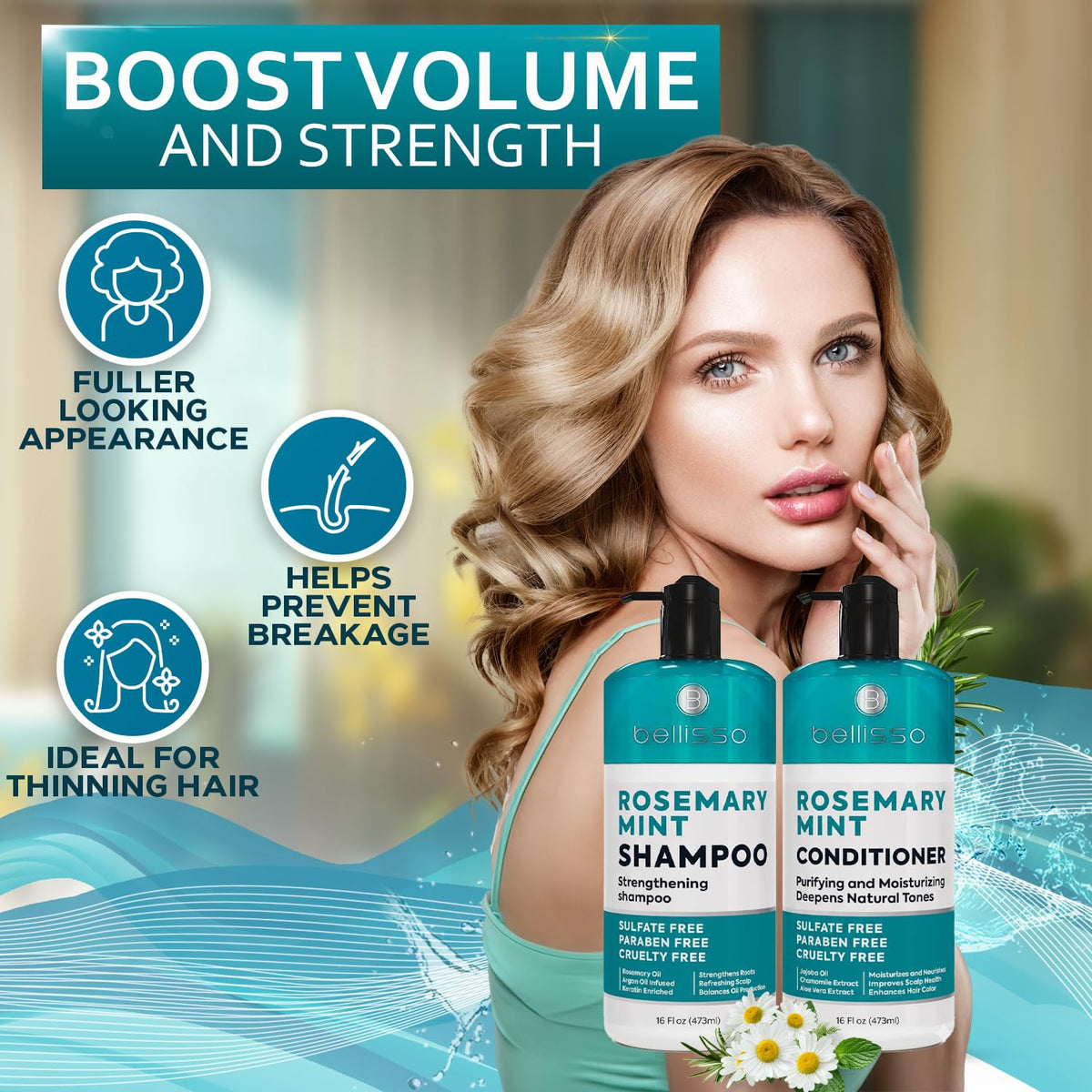 BELLISSO Rosemary Shampoo bottle with peppermint leaves