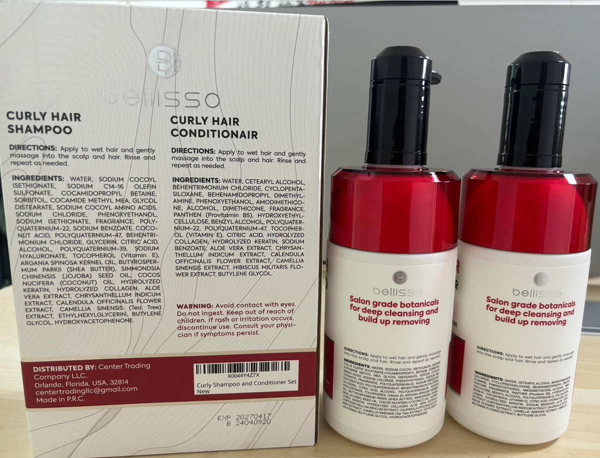 BELLISSO shampoo and conditioner set next to a towel