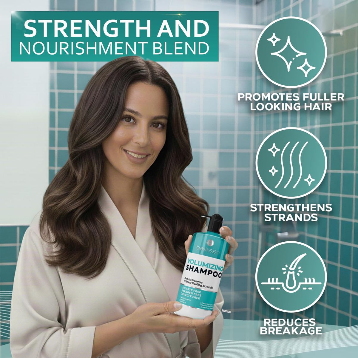 BELLISSO shampoo and conditioner set on a bathroom shelf