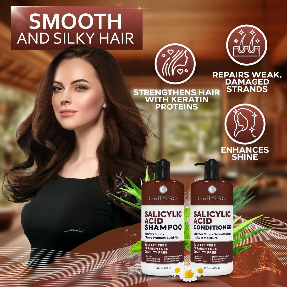 BELLISSO shampoo and conditioner set on a bathroom shelf