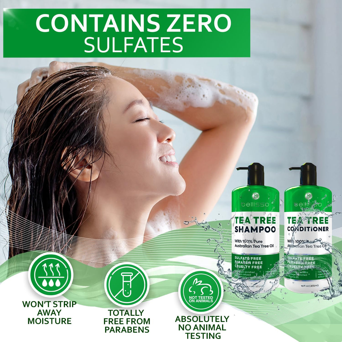 BELLISSO Tea Tree Shampoo and Conditioner Set on a bathroom counter