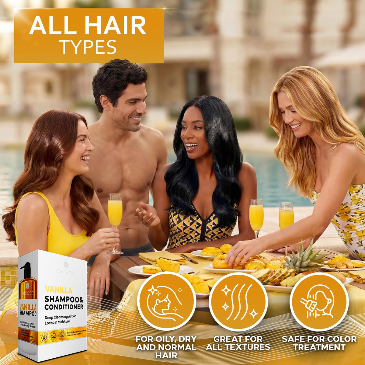 BELLISSO Vanilla Shampoo and Conditioner Set in a bathroom setting