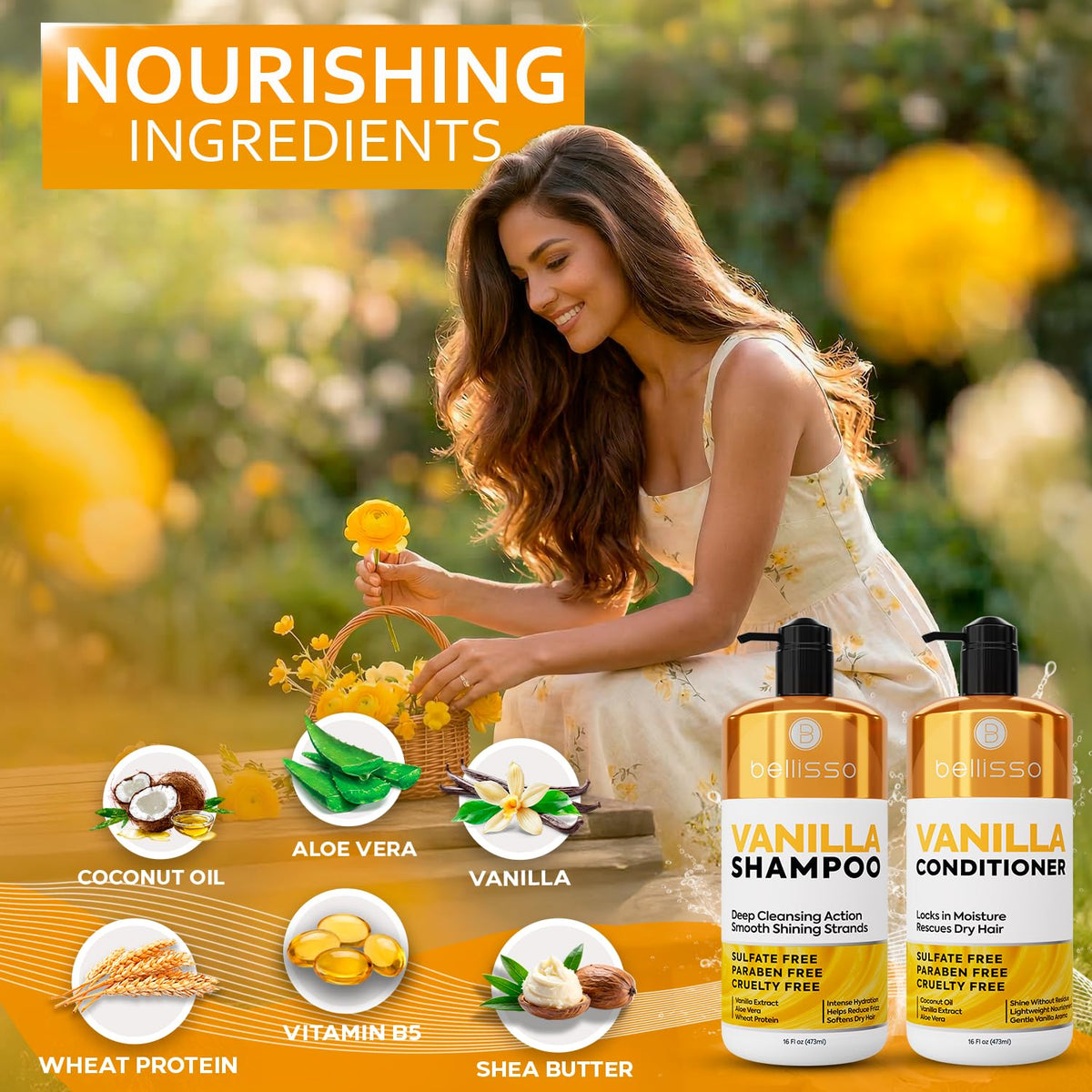 BELLISSO Vanilla Shampoo and Conditioner Set with water droplets