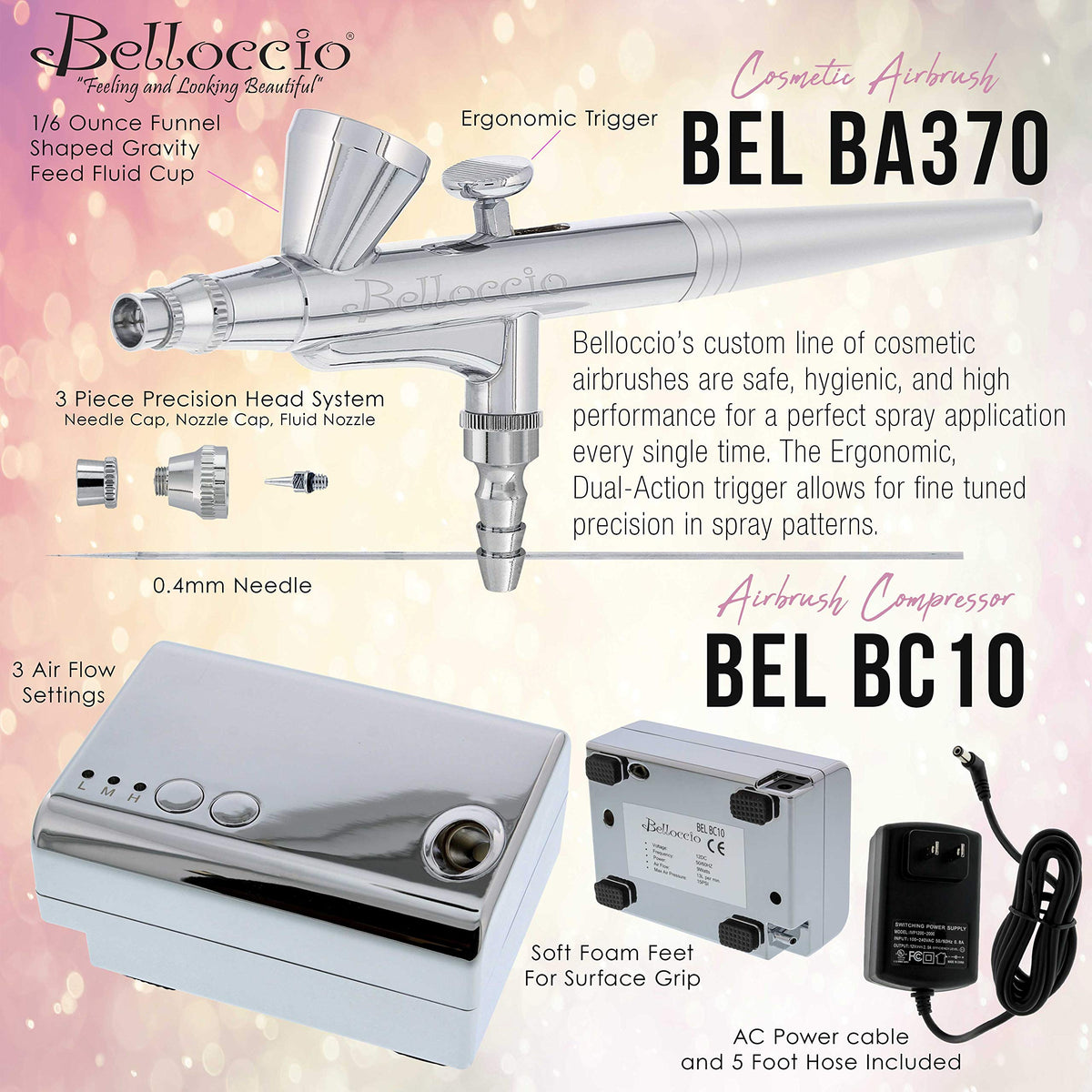 Belloccio airbrush makeup system components laid out