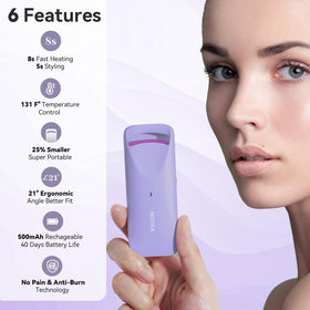 BEOVEA Heated Eyelash Curler compact size next to a lipstick