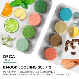 Bergamot shower steamer on a bathroom shelf