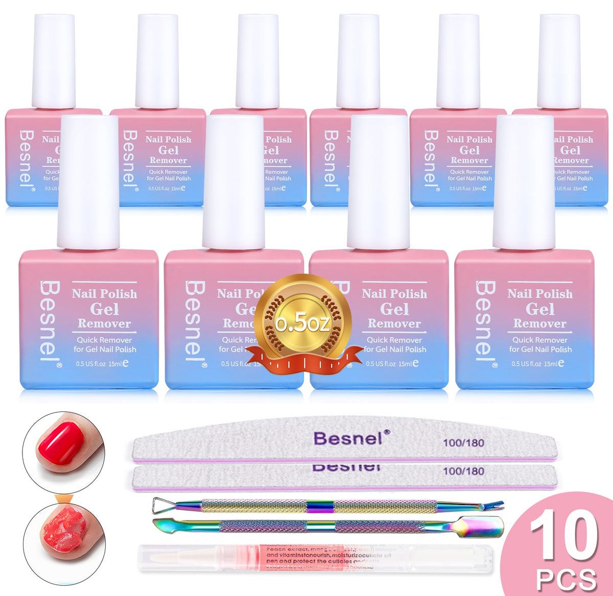 BESNEL Gel Nail Polish Remover 10 Pack with nail care tools