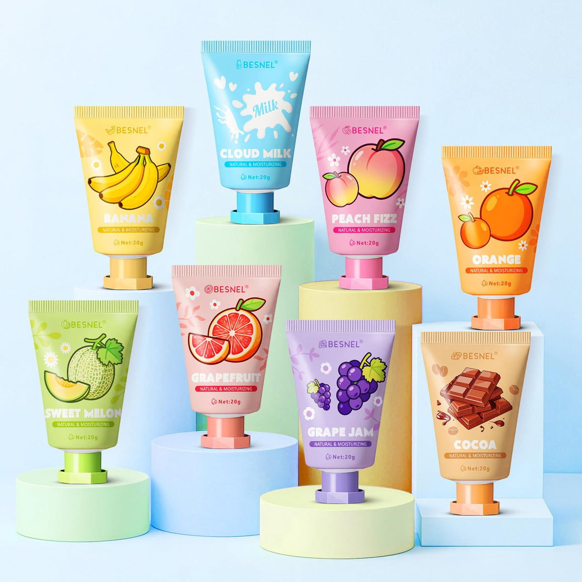 BESNEL hand cream mini lotions arranged by scent including grapefruit and banana