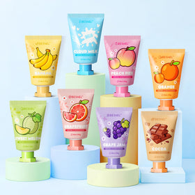 BESNEL hand cream mini lotions arranged by scent including grapefruit and banana