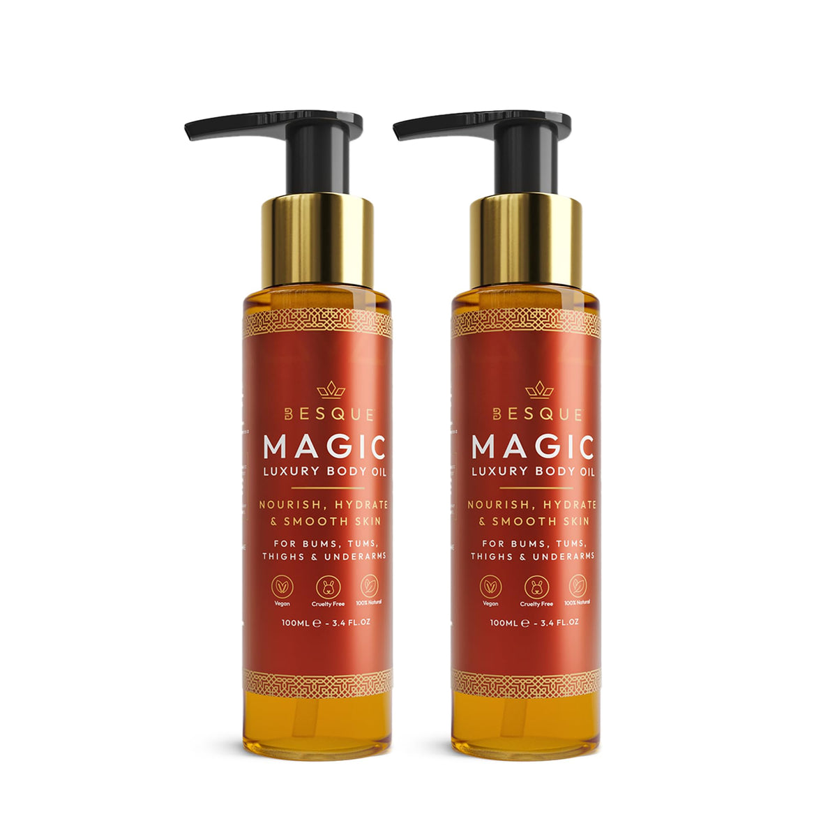 Besque Magic Body Oil 3.4 FL OZ front view with elegant packaging