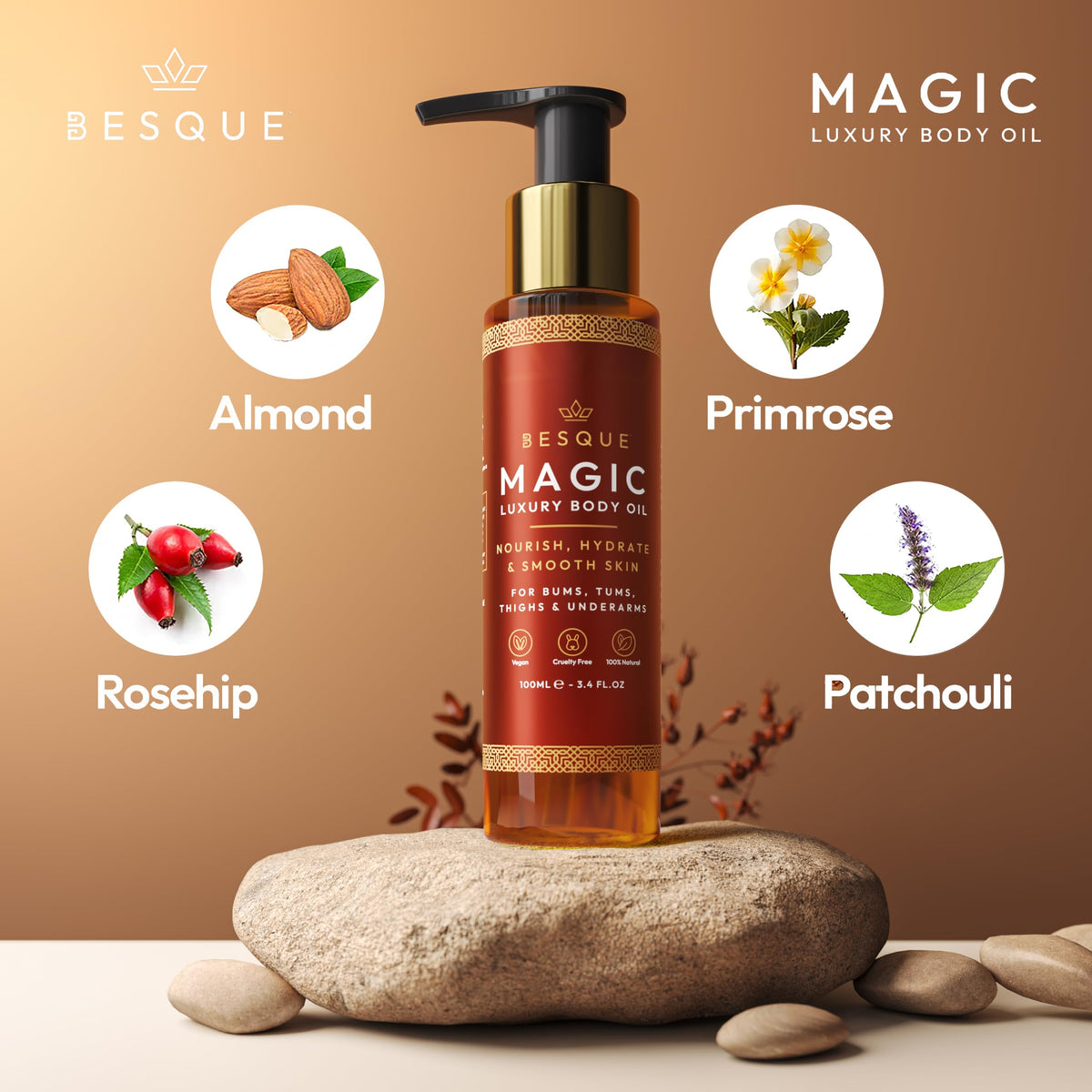 Besque Magic Body Oil 3.4 FL OZ with ingredients displayed